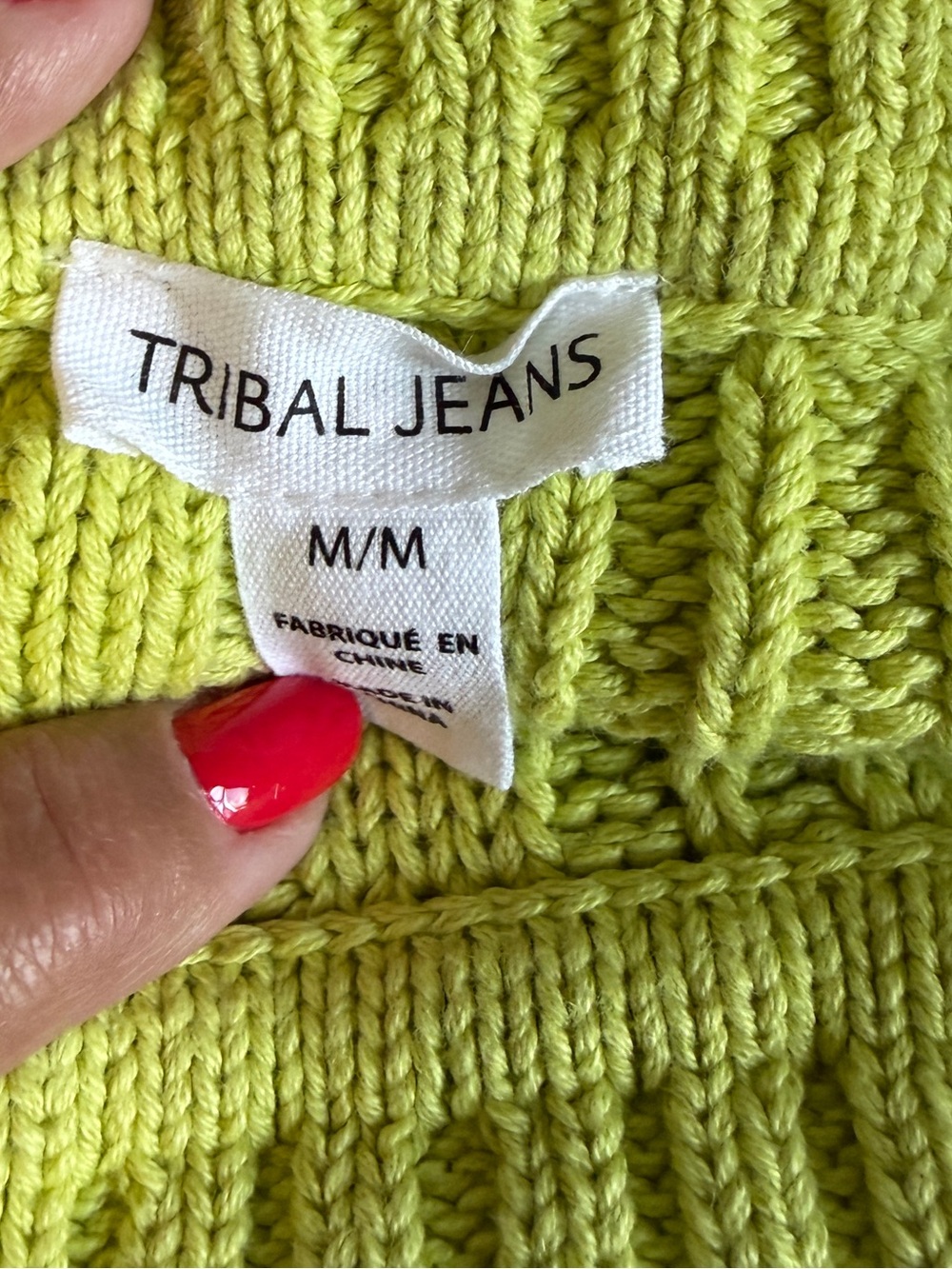 Tribal Jeans Lime Green Cable Knit Mock Neck Special Wash Sweater Size M #2341 - Picture 6 of 7